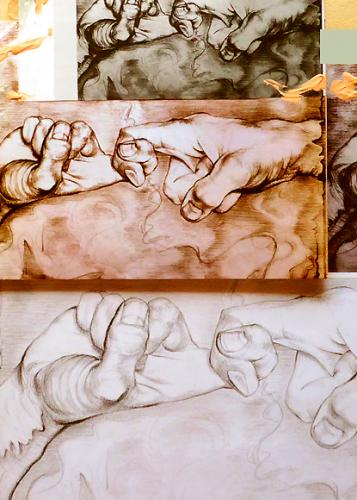Part of a low relief construction(1M-80cm) with:pencil-inks-acrylic on transparent paper-wood-other..
Used for a logo t-shirt(asbl 